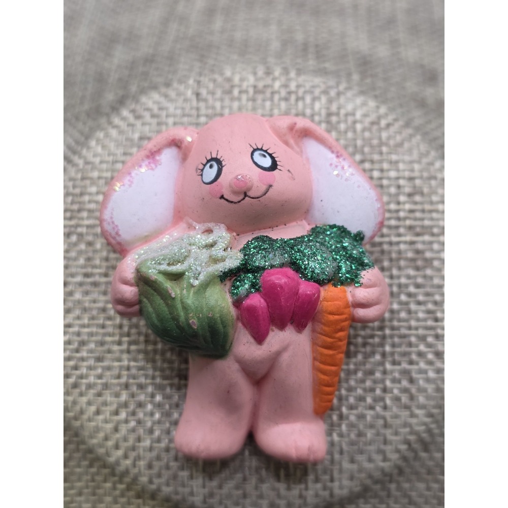 Easter Unlimited Inc. Pink Bunny Holding Vegetables Brooch Pin Bunny Rabbit